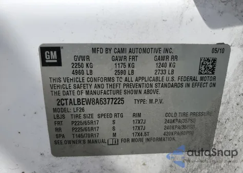 2010 GMC Terrain Sle z USA, uszkodzony, nr VIN 2CTALBEW8A6377225